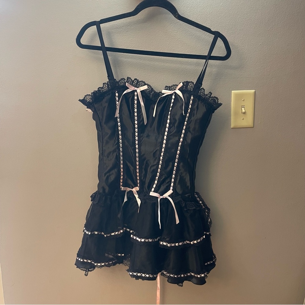Velvet kitten Black Lace Trim Satin Corset mini Dress with Pink Ribbon